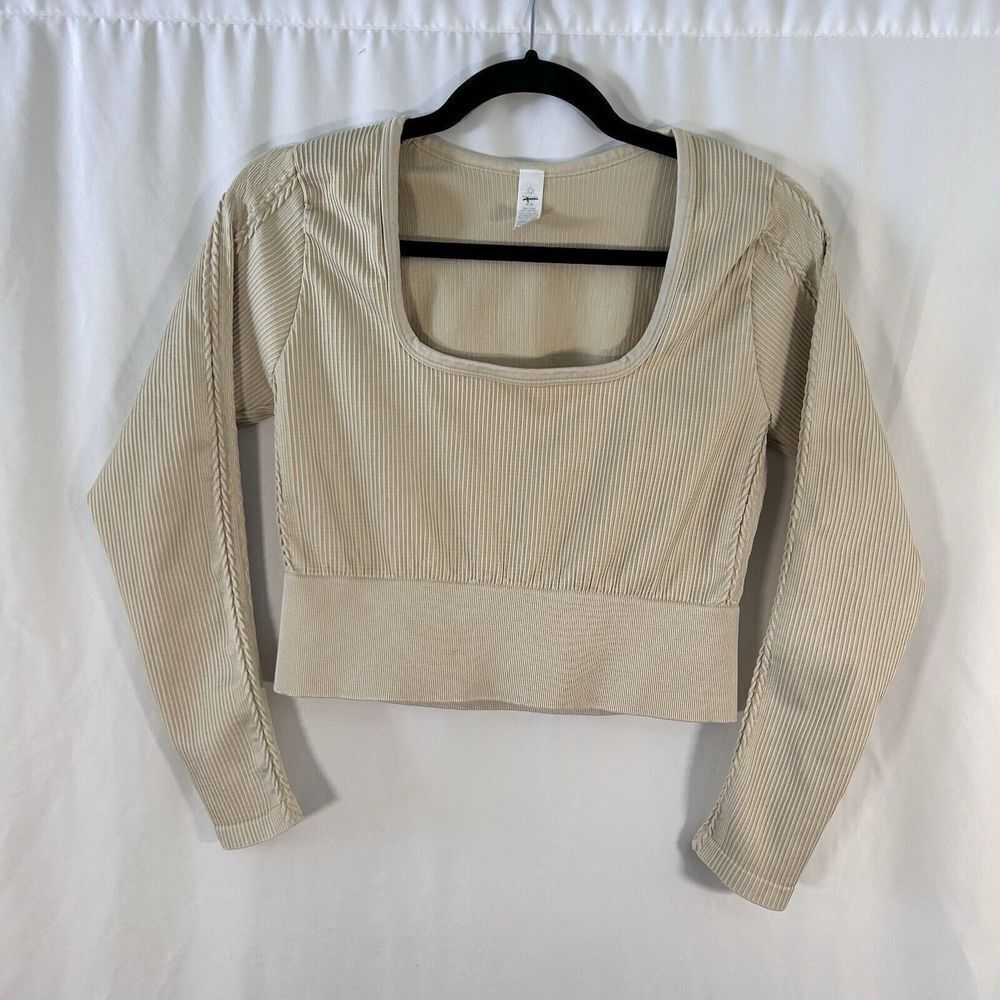 Offline Aerie Blouse Women's XL Beige Ribbed Cropped Long Sleeve Square Neck